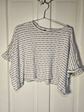 Alya White Crop Top with Black Stripes - Oversized Flowy Shirt - Small